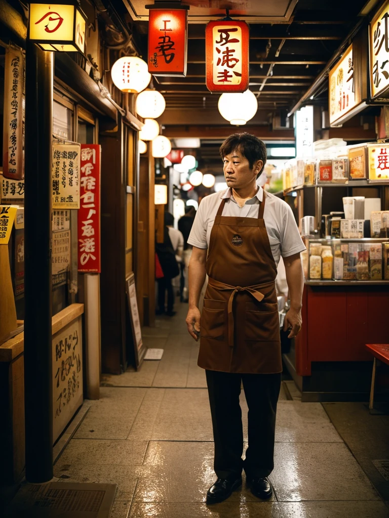 take Leica film camera, use agfa film, whole body, wide angle, Lost in thought, 45-year-old Japanese man in a nursing a beer in a dimly lit izakaya under the bustling Shinbashi Station overpass, wearing Tully's coffee's brown apron,