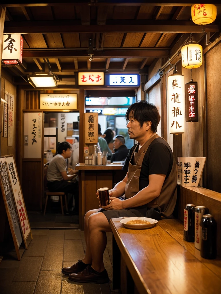 take Leica film camera, use agfa film, whole body, wide angle, Lost in thought, 45-year-old Japanese man in a nursing a beer in a dimly lit izakaya under the bustling Shinbashi Station overpass, wearing Tully's coffee's brown apron,