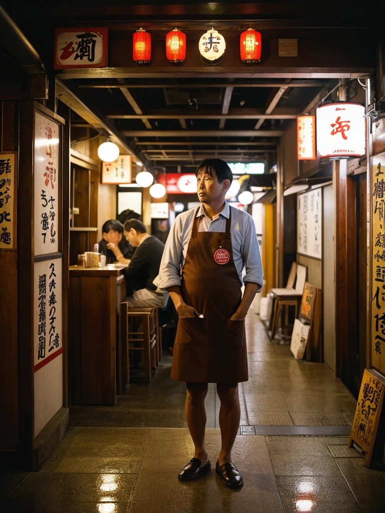  take Leica film camera, use agfa film, whole body, wide angle, Lost in thought, 45-year-old Japanese man in a  nursing a beer in a dimly lit izakaya under the bustling Shinbashi Station overpass, wearing Tully's coffee's brown apron, 