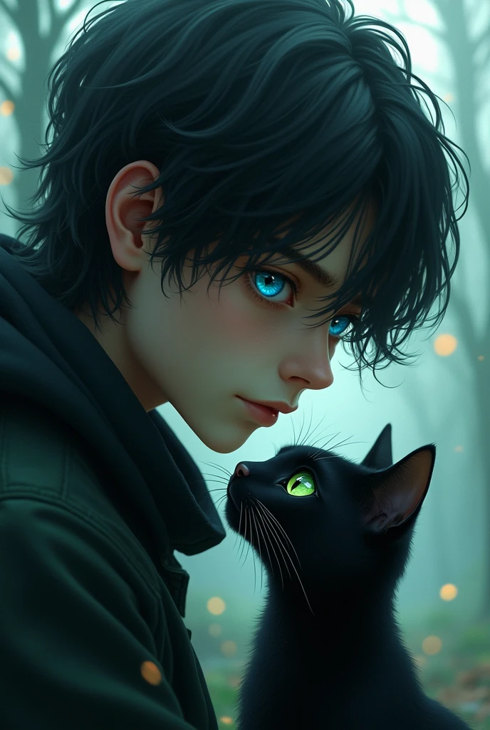 A black-haired teenage boy with one blue eye and one green eye with a black cat with one blue eye and one green eye