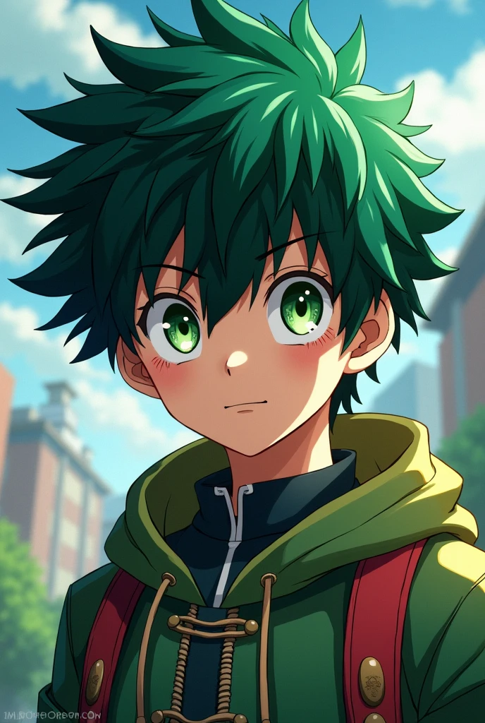Green haired, green eyed and brown eyed OC boy from the anime My Hero Academia