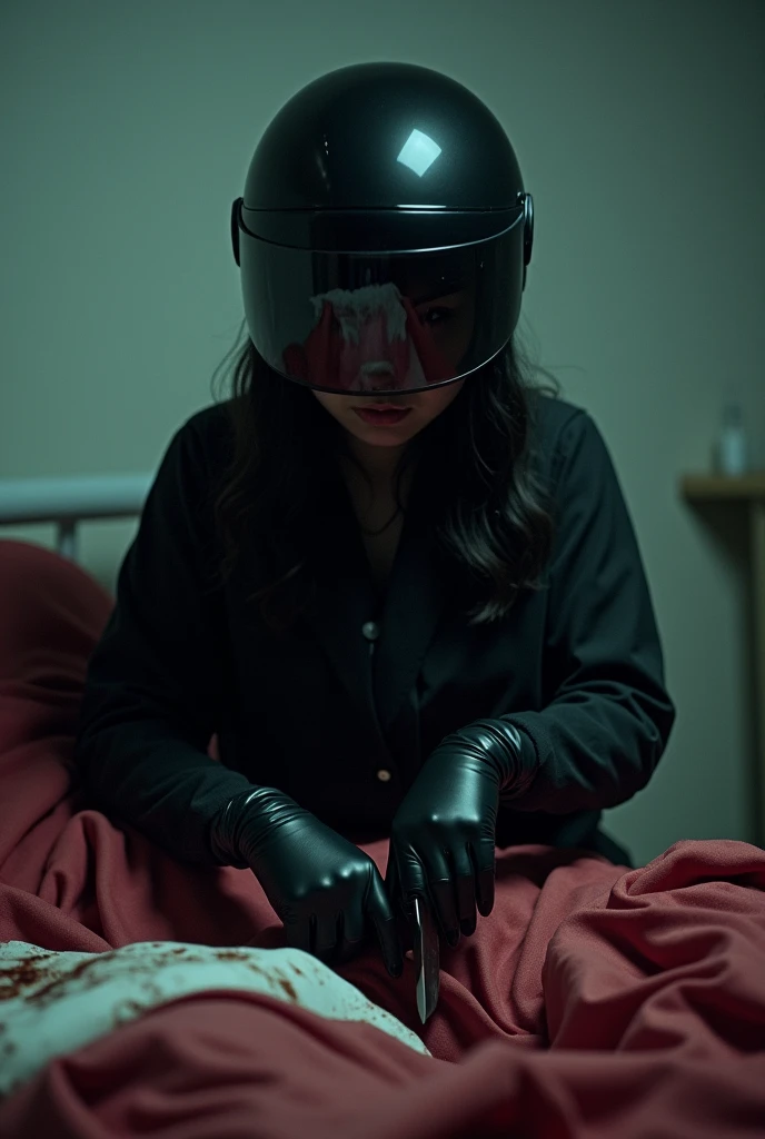 korean girl, (behind corpse, black biker helmet), holding knife, stabbing, black gloves, room full of blood, black raincoat, plump girl, glamorous girl, holding knife, black gloves, behind corpse, blood splatter, 20 years old, bed room, black wet suit, night, mass murderer, killer, robbery, dark atmosphere, cinematic lighting, atmospheric realistic, light from the window, close-up,
