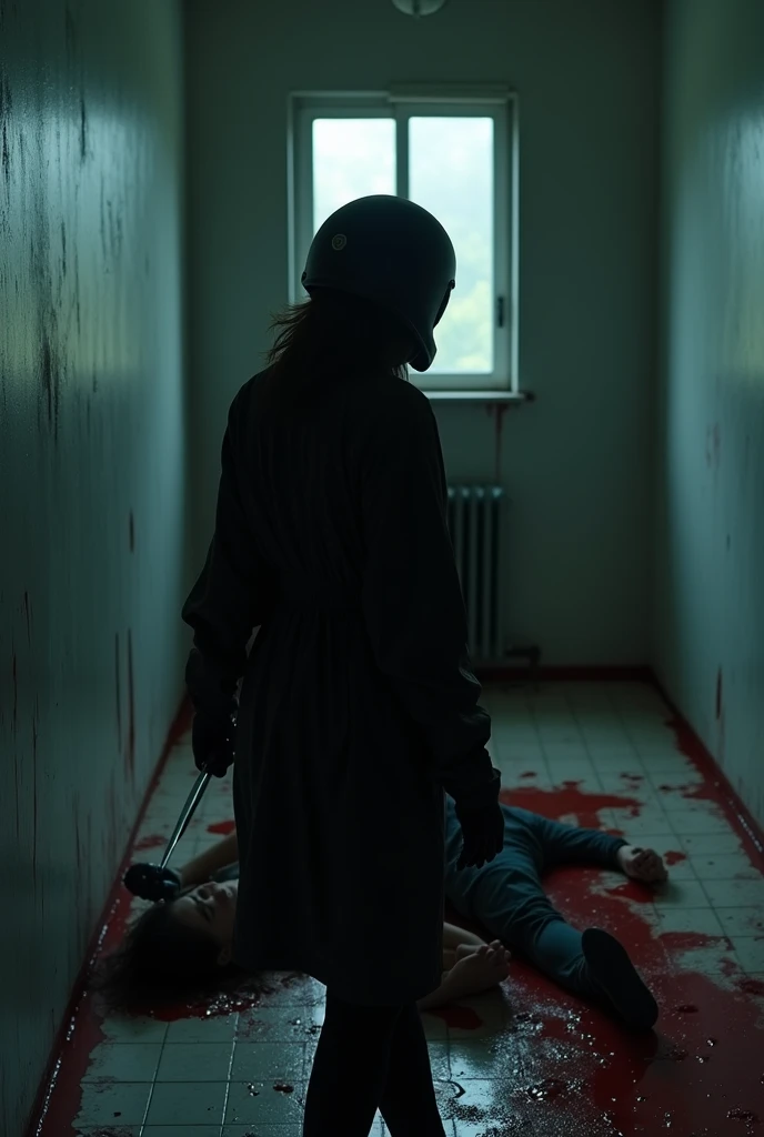 korean girl, (behind corpse, black biker helmet), holding knife, stabbing, black gloves, room full of blood, black raincoat, plump girl, glamorous girl, holding knife, black gloves, behind corpse, blood splatter, 20 years old, bed room, black wet suit, night, mass murderer, killer, robbery, dark atmosphere, cinematic lighting, atmospheric realistic, light from the window, close-up,
