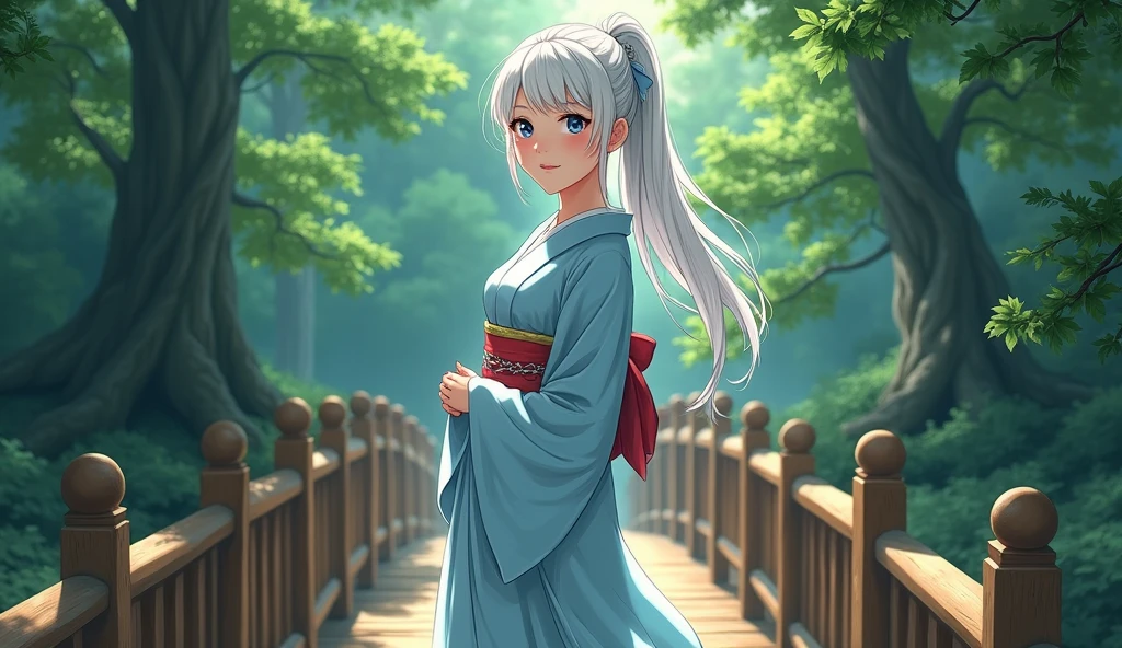 Create an illustration of a girl standing in a full-body pose on a wooden bridge in a forest. She has long, white hair styled in a ponytail and is looking directly at the viewer with beautiful blue eyes. Her face is captivating, with a gentle blush on her cheeks and slightly parted lips. She is wearing an elegant kimono that adds to her grace and beauty. The setting is a lush forest, and the wooden bridge beneath her feet completes the serene and picturesque scene