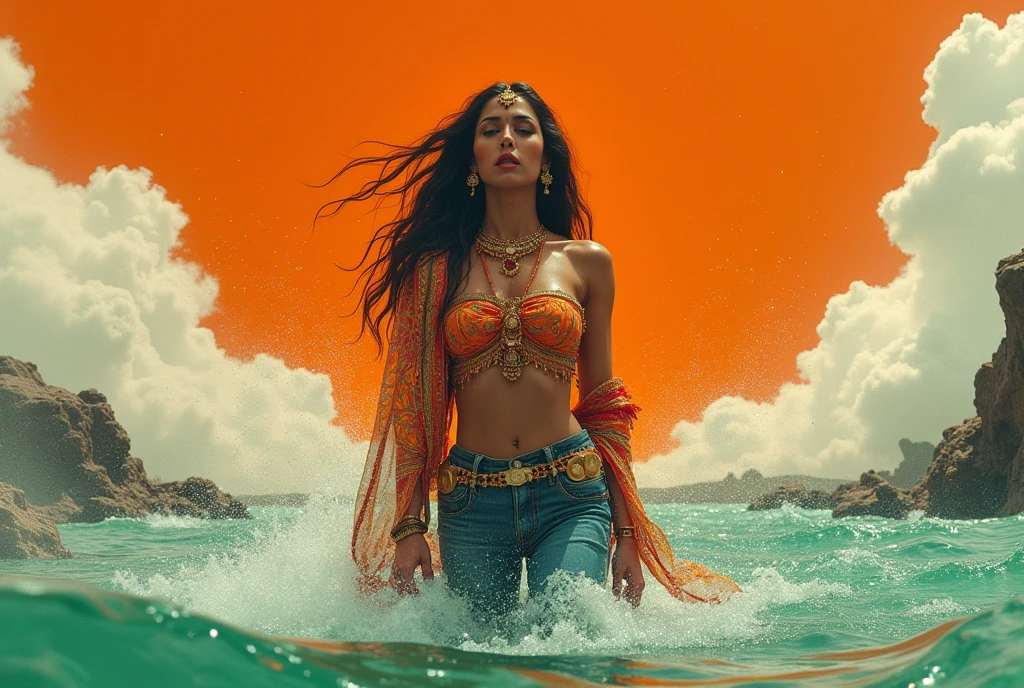 70s setting, grainy analog film, ultra-detailed, glamour artwork, provocative look, woman in jeans, playing in wide river with ecstasy, traditional accessories, abstract, orange white green, void, vivid, detailed sari, traditional makeup, india background