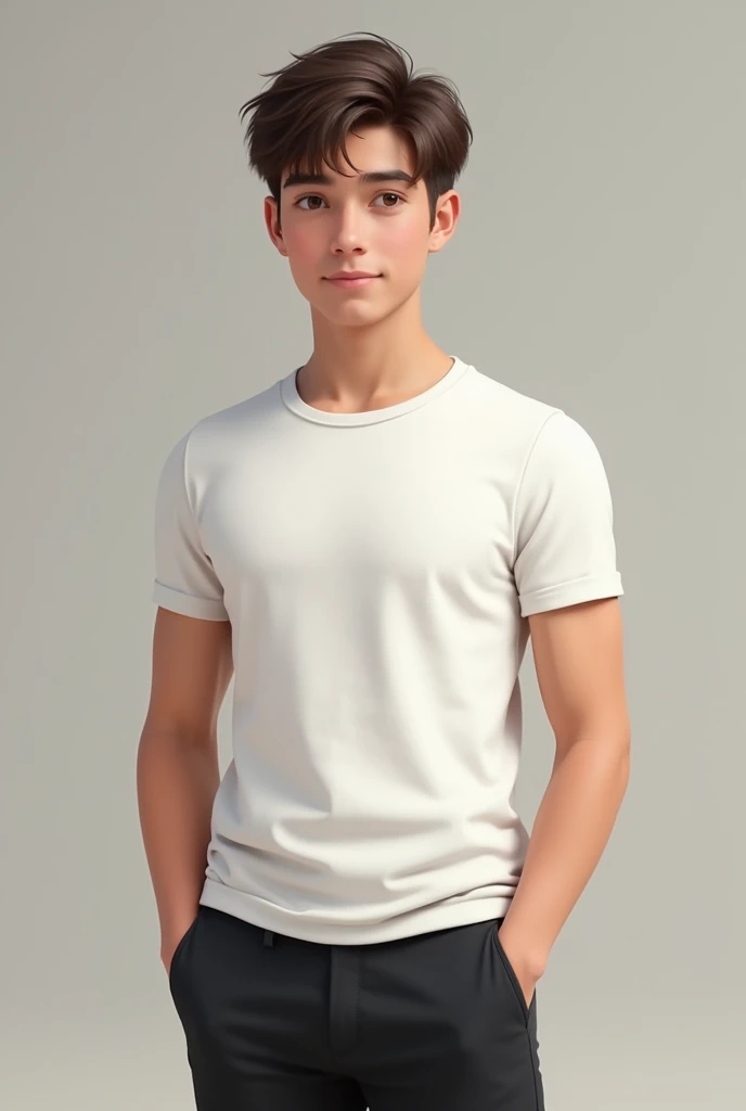 Male Teen in white t-shirt tucked in black pants 