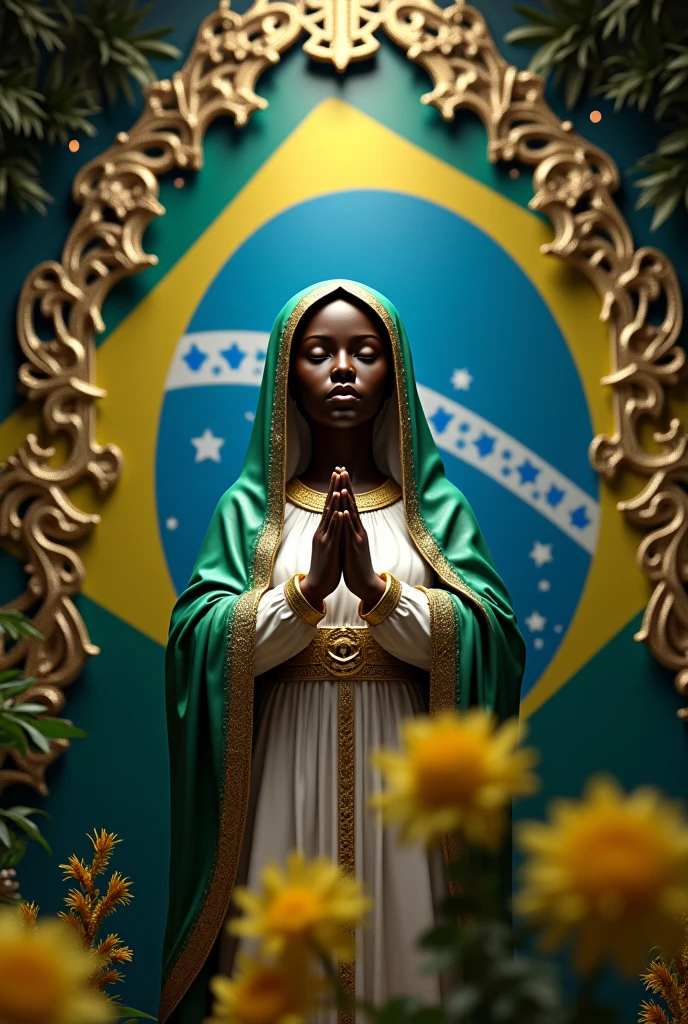 Image of Our Lady Aparecida, black,with the Brazilian flag closer with a blue background with golden details