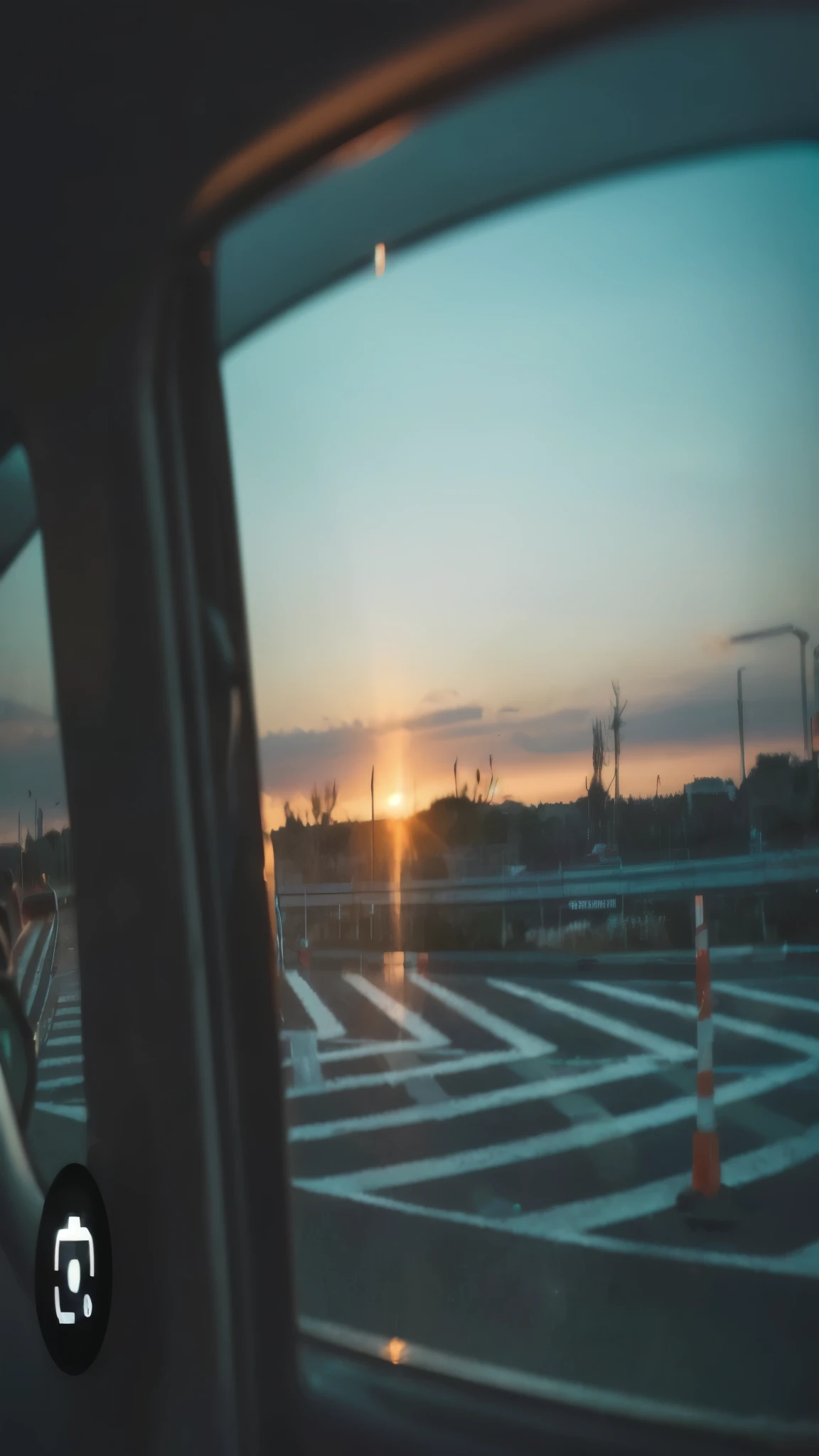 contemplative scene captured from inside a car, looking out through the window at a sunset over a highway. The view shows the sun setting on the horizon, casting a warm, golden light that contrasts with the cool tones of the sky. The road outside features white road markings and orange traffic cones, adding a sense of structure and direction to the scene. The silhouette of distant trees and structures are visible against the sky, enhancing the depth of the landscape. The perspective is framed by the car window, which partially obscures the view, creating a sense of introspection and contemplation. The lighting is soft and natural, with the fading sunlight highlighting the details both inside and outside the car, emphasizing the peaceful yet transient moment.