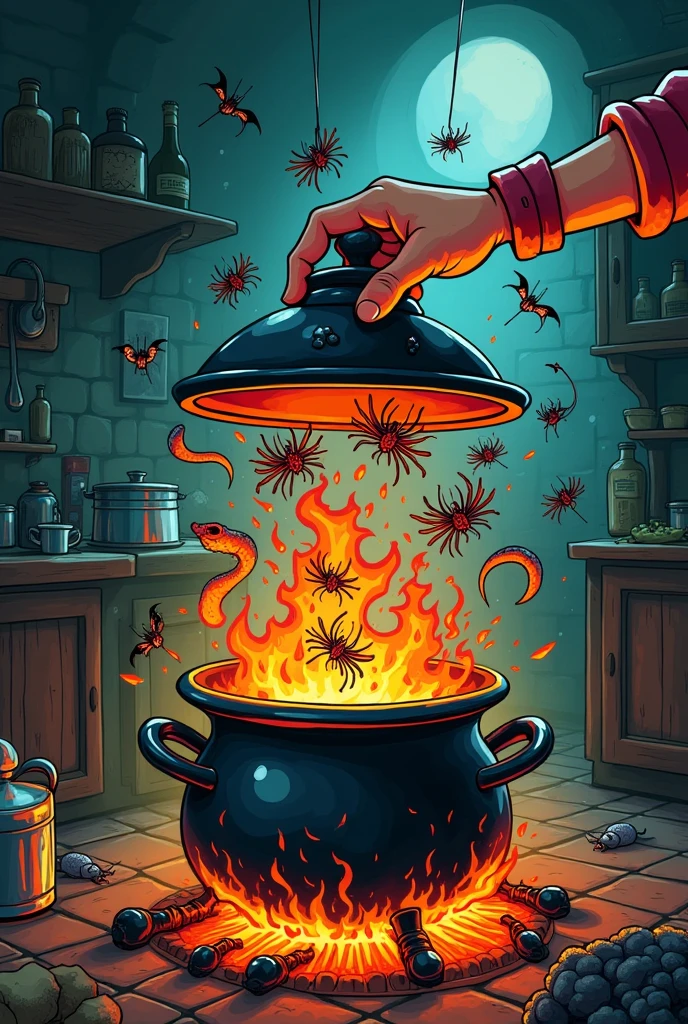 Cartoon of a pot on the fire where a hand is lifting the lid and rats emerge, Snakes, Spiders, bats and many more insects, making an analogy that corruption and various crimes are uncovered