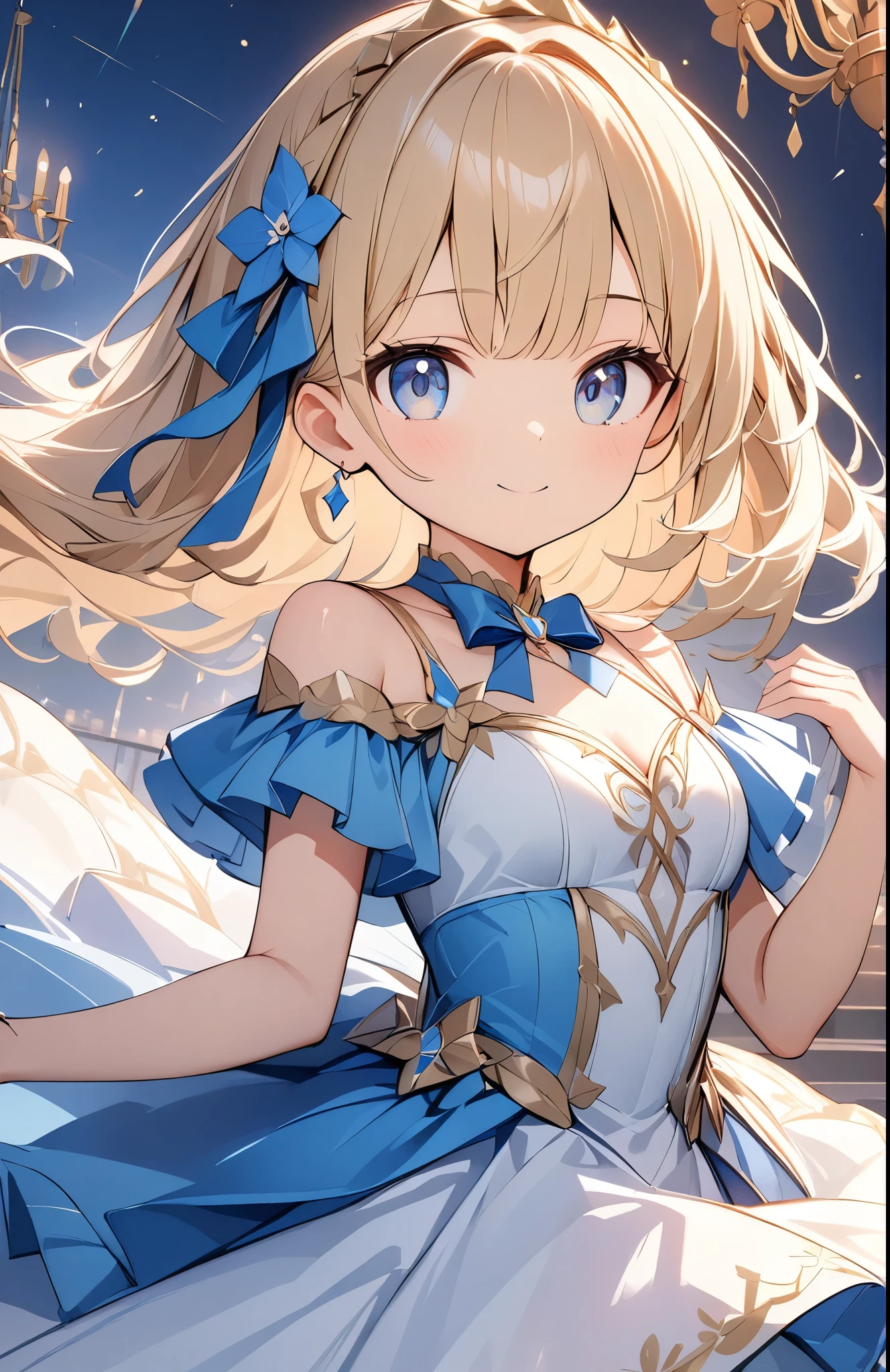 a((Amazingly absurd)),超High resolution, Attention to detail, high quality, High resolution, 最high quality, 4K, 8k,close-up,Cute girl、Night Ball、A princess who dances、((Beautiful dress))、chandelier、Glowing lighting,(Sparkling particles)