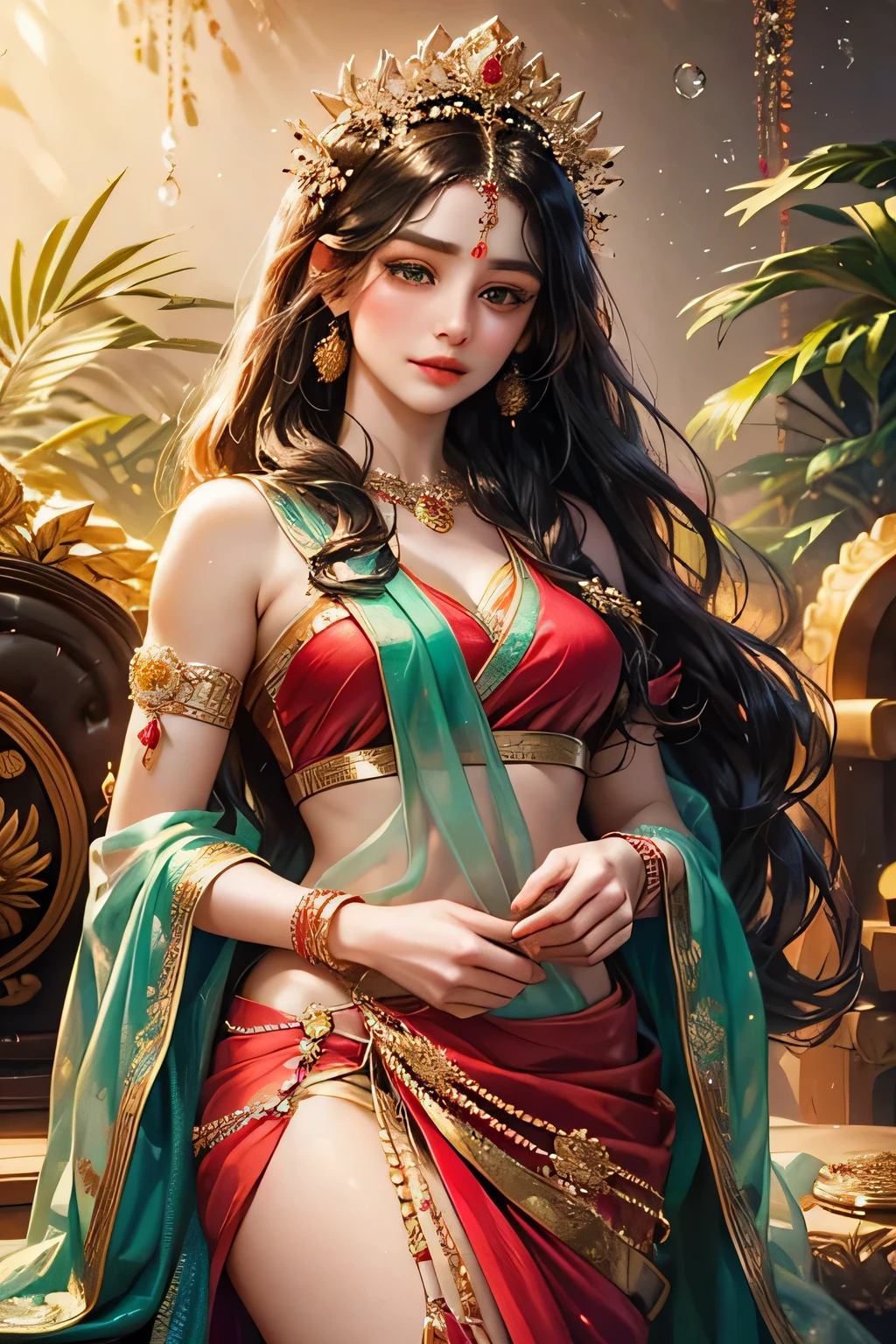 modelshoot style, (extremely detailed CG unity 8k wallpaper), full shot body photo of the most beautiful artwork in the world, stunningly beautiful photo realistic cute women in saree (navel:1.5), professional majestic oil painting by Ed Blinkey, Atey Ghailan, Studio Ghibli, by Jeremy Mann, Greg Manchess, Antonio Moro, trending on ArtStation, trending on CGSociety, Intricate, High Detail, Sharp focus, dramatic, photorealistic painting art by midjourney and greg rutkowski