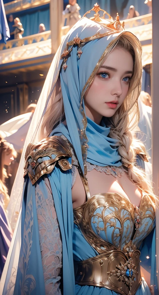 Erect nipples, wearing a hijab , luxury hijab,crown luxury , blue eye, blond hair, around , (gold ), tmasterpiece,Best quality at best,A high resolution,8K,((Portrait)),(upper body),Original photo,real photograph,digital photography,(Female princess in the medieval fantasy style), sexy princess ,blue eye, super colossal breast, round colossal breast ,open kissing lips,Keep your mouth shuegant and charming,((Blushing)),virgin contempt,Calm and handsome,(Medieval fantasy dress,The Beautiful super huge round breast, small waist, perfect colossal breast of princess body, a blue delicate pattern,silver Cloak),(princes medieval character medieval fantasy style,oc render reflection texture, fighting style, sexy colossal breast , medieval castle background, slim body, very small waist,