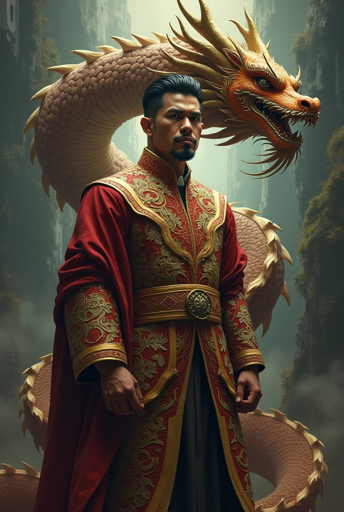 A fierce filipino human wearing barong tagalog with a dragon surrounding him