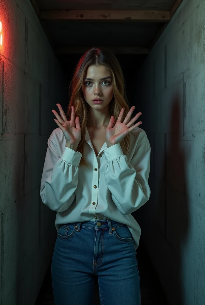 photorealistic, 8k, high quality, cinematic lighting, vibrant colors, detailed textures,one girl, wearing white buttoned long sleeve, blue jeans, hands up, back against a cement wall, very dark basement, scared face, looking at the viewer, hands are raised upward, back on a wall, teen,beautiful face, super model, front view, taylor joy