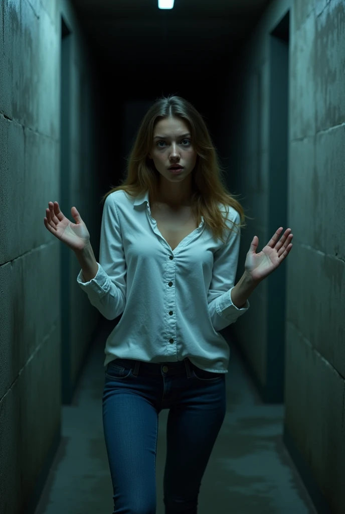 photorealistic, 8k, high quality, cinematic lighting, vibrant colors, detailed textures,one girl, wearing white buttoned long sleeve, blue jeans, hands up, back against a cement wall, very dark basement, scared face, looking at the viewer, hands are raised upward, back on a wall, teen,beautiful face, super model, front view, taylor joy