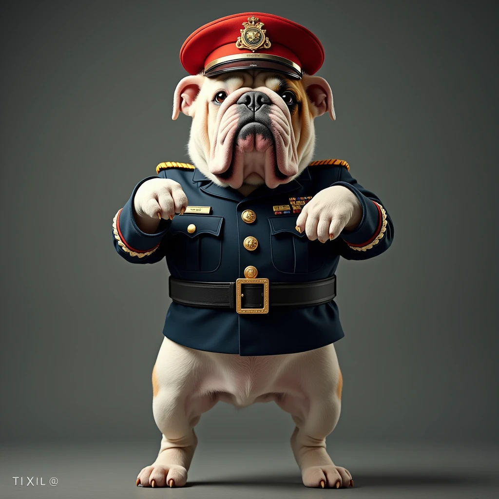 A bulldog with a big head, standing on its hind legs with its forelegs raised as if it were a human wearing a military police uniform and a red hat.