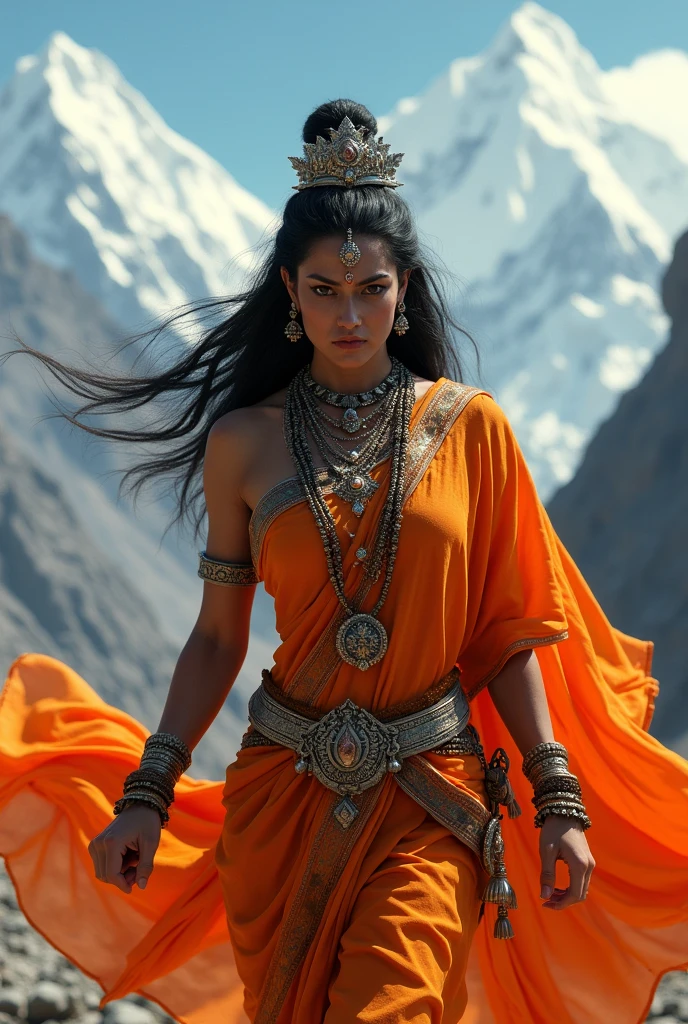 Maa parvati in orange saree angry version 
Background himalayas