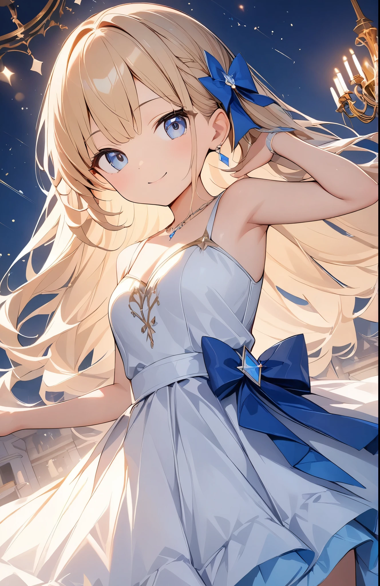 a((Amazingly absurd)),超High resolution, Attention to detail, high quality, High resolution, 最high quality, 4K, 8k,close-up,Cute girl、Night Ball、A princess who dances、((Beautiful dress))、chandelier、Glowing lighting,(Sparkling particles)