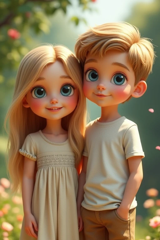 100% realistic image of a 7-year-old blonde girl and her 10-year-old brother