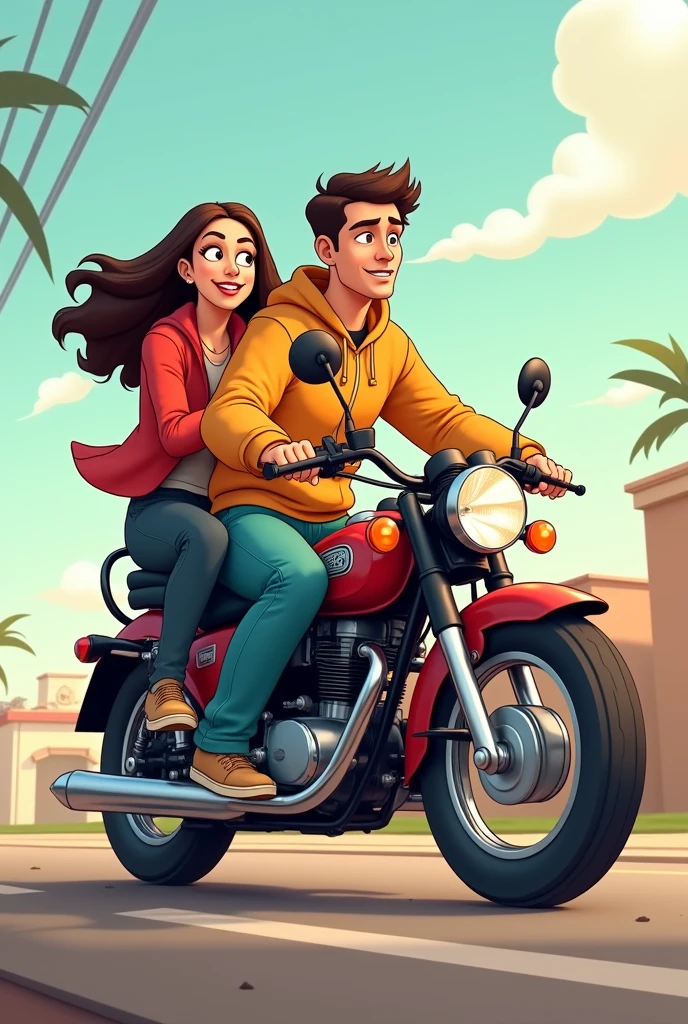 Motorbike with two people on board in 2D animated side view