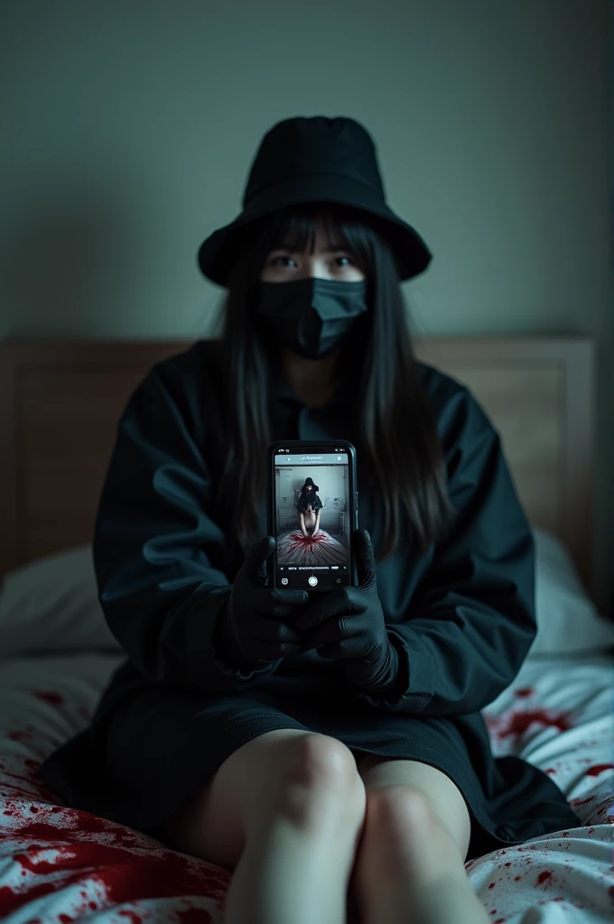 korean girl, (behind corpse, smartphone), black surgical mask, black gloves, room full of blood, black raincoat, bucket hat, holding knife, black gloves, plump girl, behind corpse, blood splatter, bed room, night, mass murderer, killer, long bangs, blood splatter, dark atmosphere, cinematic lighting, atmospheric realistic, close-up, take a photo with her smartphone