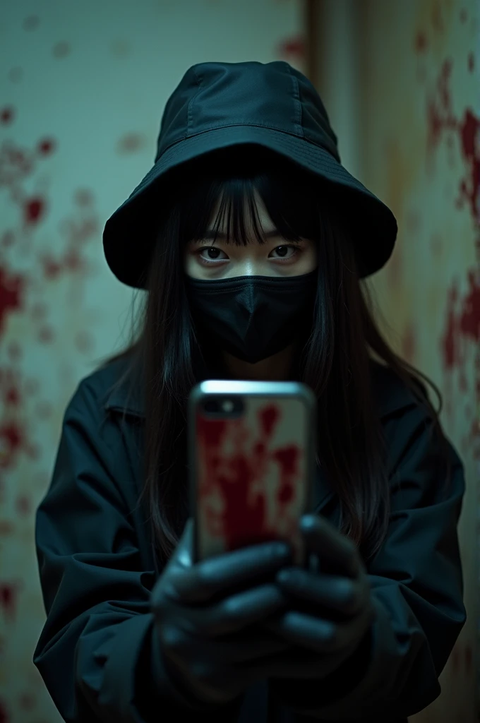 korean girl, (behind corpse, smartphone), black surgical mask, black gloves, room full of blood, black raincoat, bucket hat, holding knife, black gloves, plump girl, behind corpse, blood splatter, bed room, night, mass murderer, killer, long bangs, blood splatter, dark atmosphere, cinematic lighting, atmospheric realistic, close-up, take a photo with her smartphone
