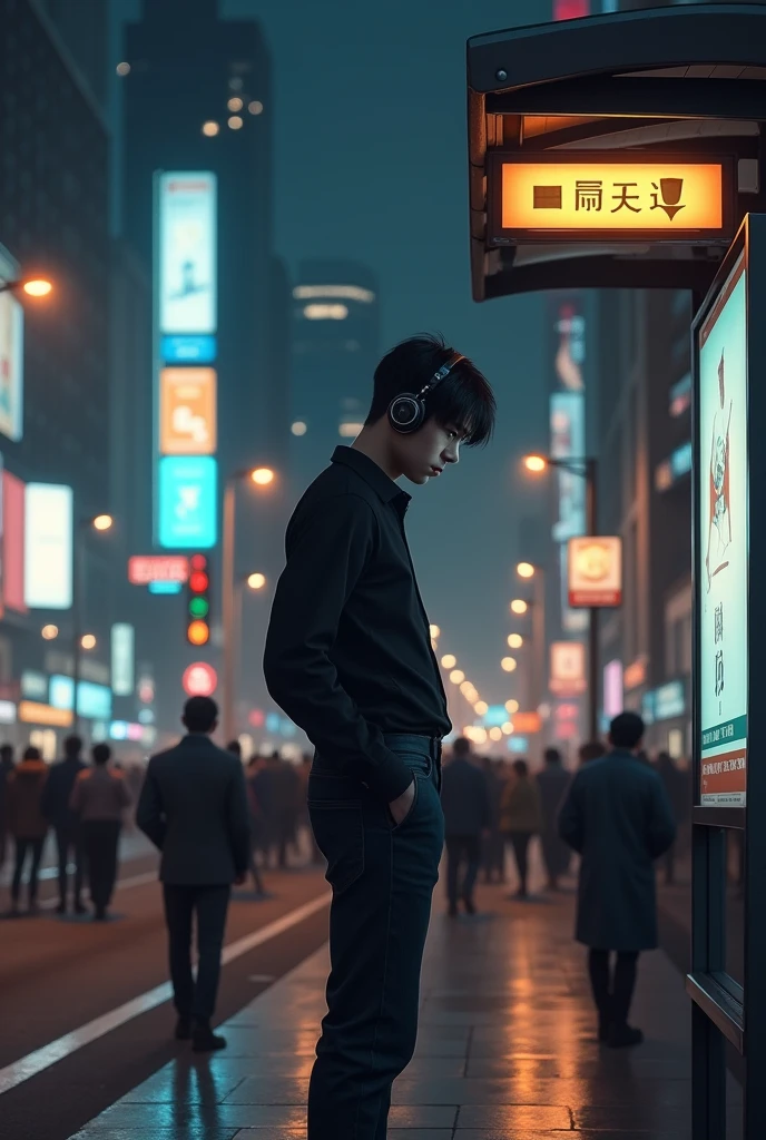 (photorealism:1.2), a well-dressed young man, neat hairstyle, standing with his head down waiting for the bus, at the city bus stop, black shirt and jeans, heaDphones, position in front of the camera, the street light shines on him, at night, crowded with people, muda mudi, street lamps, a billboard, poster, road sign, traffic lights, electric pole, direction sign