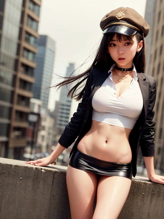 1 japanese girl, solo, short girl, black long hair, breasts, bangs, looking at viewer, long sleeves, Brown newsboy cap, navel, holding, large breasts,collarbone, Brown jacket, (white collared shirt:1.4), sidelocks, thighs, cowboy shot, parted lips,midriff, stomach, Brown jacket, crop top, groin, no bra, no panties, ass visible through thighs, thigh gap, (black micromini skirt:1.5), unbuttoned, cutoffs, (Hip bone:1.4), Pleated skirt, knees up, (extremely low-rise micro mini skirt which is so short that her pubis is visible:1.4 ), fighting, dynamic pose, dynamic angle, The front of the shirt is open,The shirt is wide open, The shirt is unbuttoned, The cleavage is visible all the way down to the bottom, childlike young woman, baby face, Black ribbon choker, (pubis exposed:1.4), groin area, Hip bones, , (extremely low-rise micro mini skirt which is so short that her groin area is visible:1.4 ), (The skirt is blown up by the wind:1.4), shy, pussy, woman, hyper detailed, outside, Fantasy style cityscape, cute, kawaii,, panicking, surprised, confused, confused eyes,,(no panties:1.1), (pantyless:1.1)