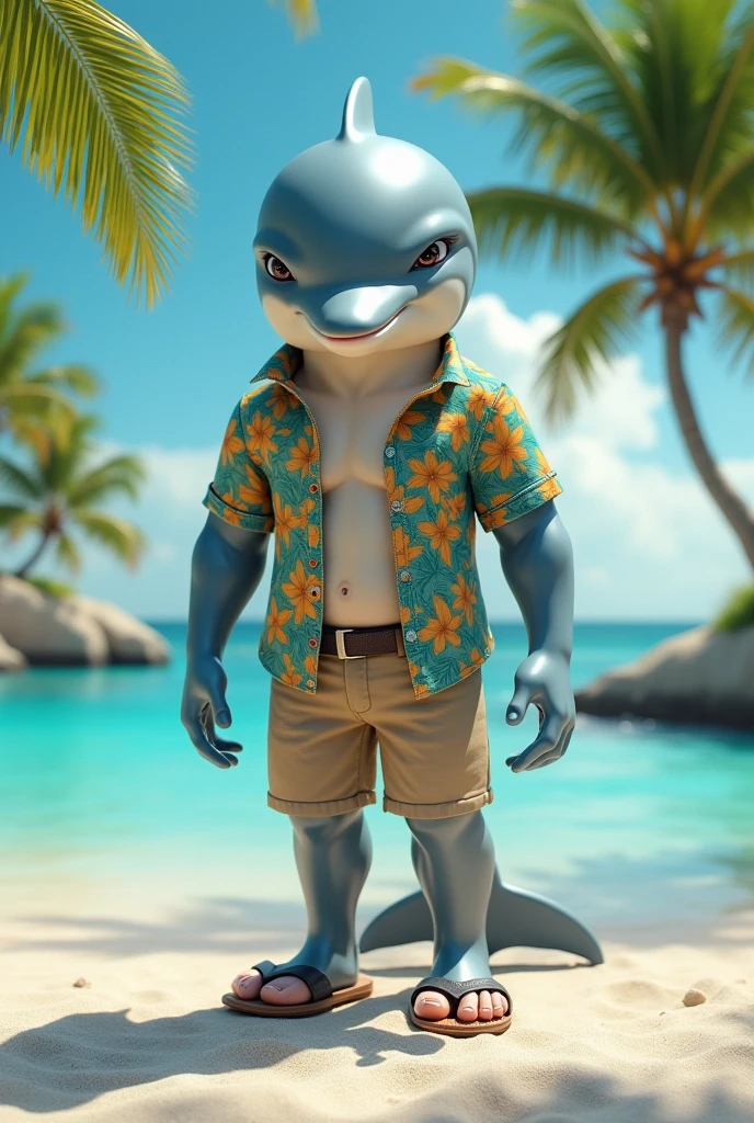 Dolphin with a human body and wearing beach clothes