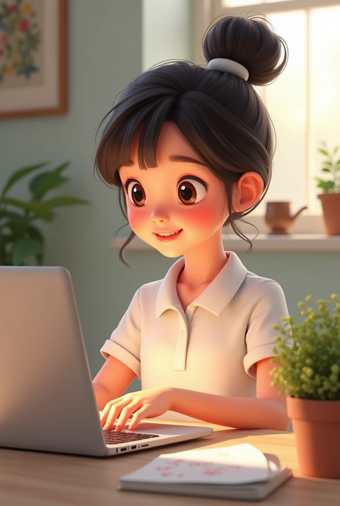 Disney girl wearing a white polo shirt, sitting with her computer( complete macbook) studying languages virtually