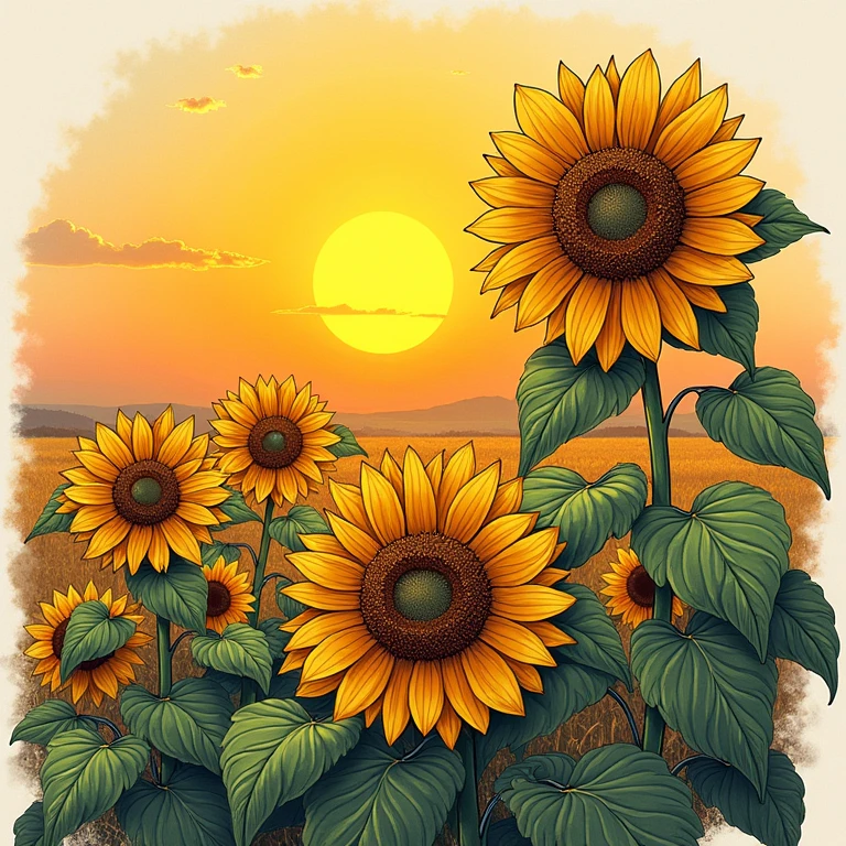 Beautiful sunflower illustration　Handwritten style　Fantasy　under the sun