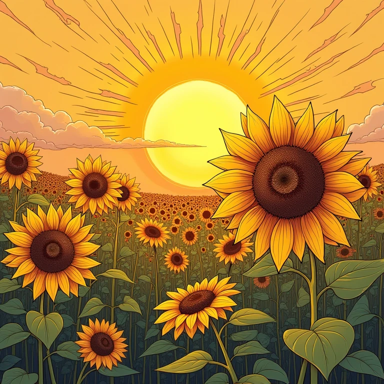 Beautiful sunflower illustration Handwritten style Fantasy under the sun