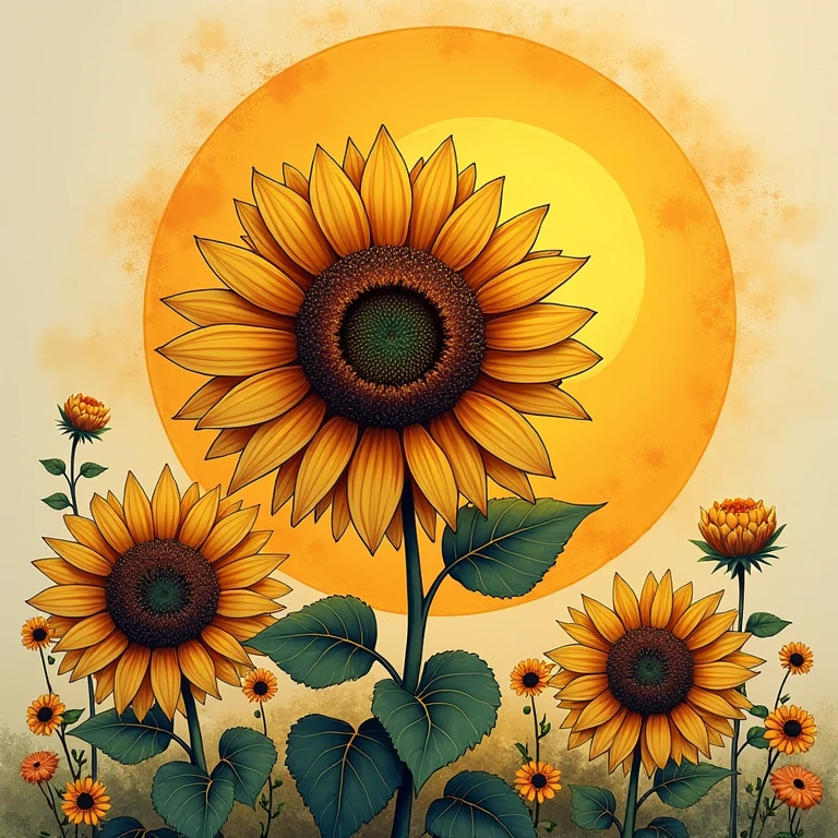 Beautiful sunflower illustration Handwritten style Fantasy under the sun