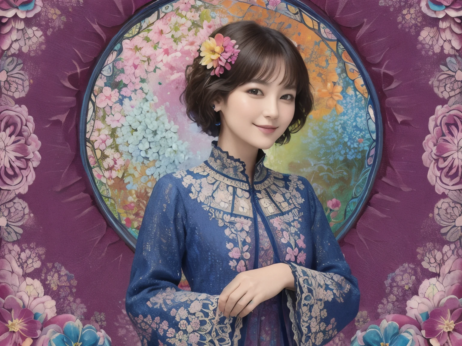 271 (20-year-old woman,short hair), (masterpiece, Highest quality, beautiful:1.2), Very detailed, (Fractal Art:1.1), (colorful:1.1), (flower:1.3), whole body, (Abstract background:1.3), (Many colors:1.4), (Old-fashioned smile), (window)