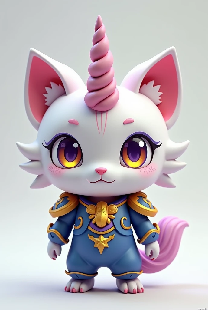 A Chibi baby humaniod creature.
Appearance:
Body: Small, humanoid form with feline characteristics.
Head: Large, round, and cat-like with a prominent unicorn horn.
Horn: Spiral-shaped.
Skin/Fur: Predominantly white body.
Attire: Wearing ornate blue and gold armor.
features:• Unique blend of feline, unicorn, and humanoid traits.
Striking purple and yellow heterochromatic eyes.
magical or high-tech armor.
Style : cel shaded , 3d , anime, Full-body, t pose.
This is a digimon