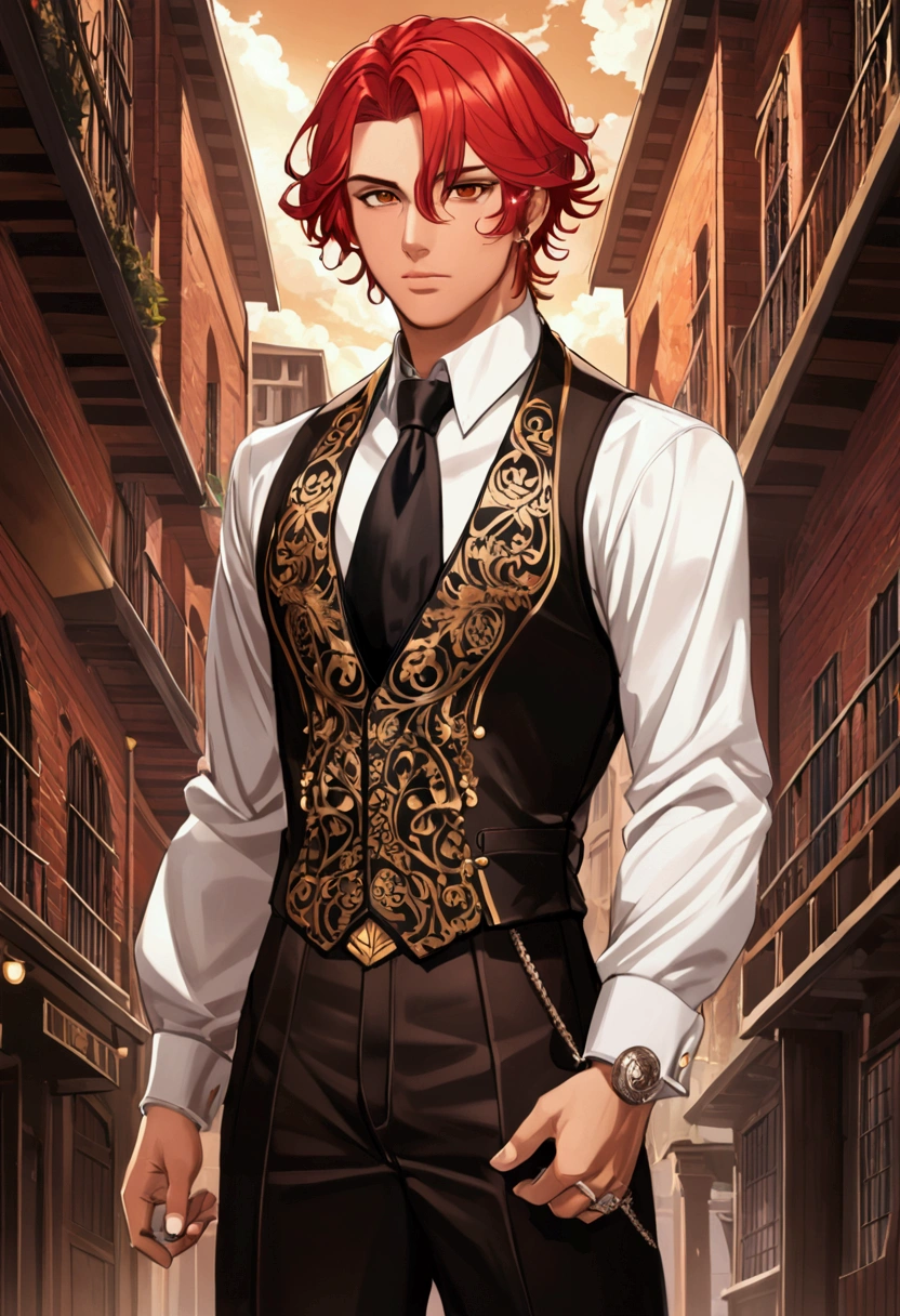 1 boy, red hair, brown eyes, gángster outfit,