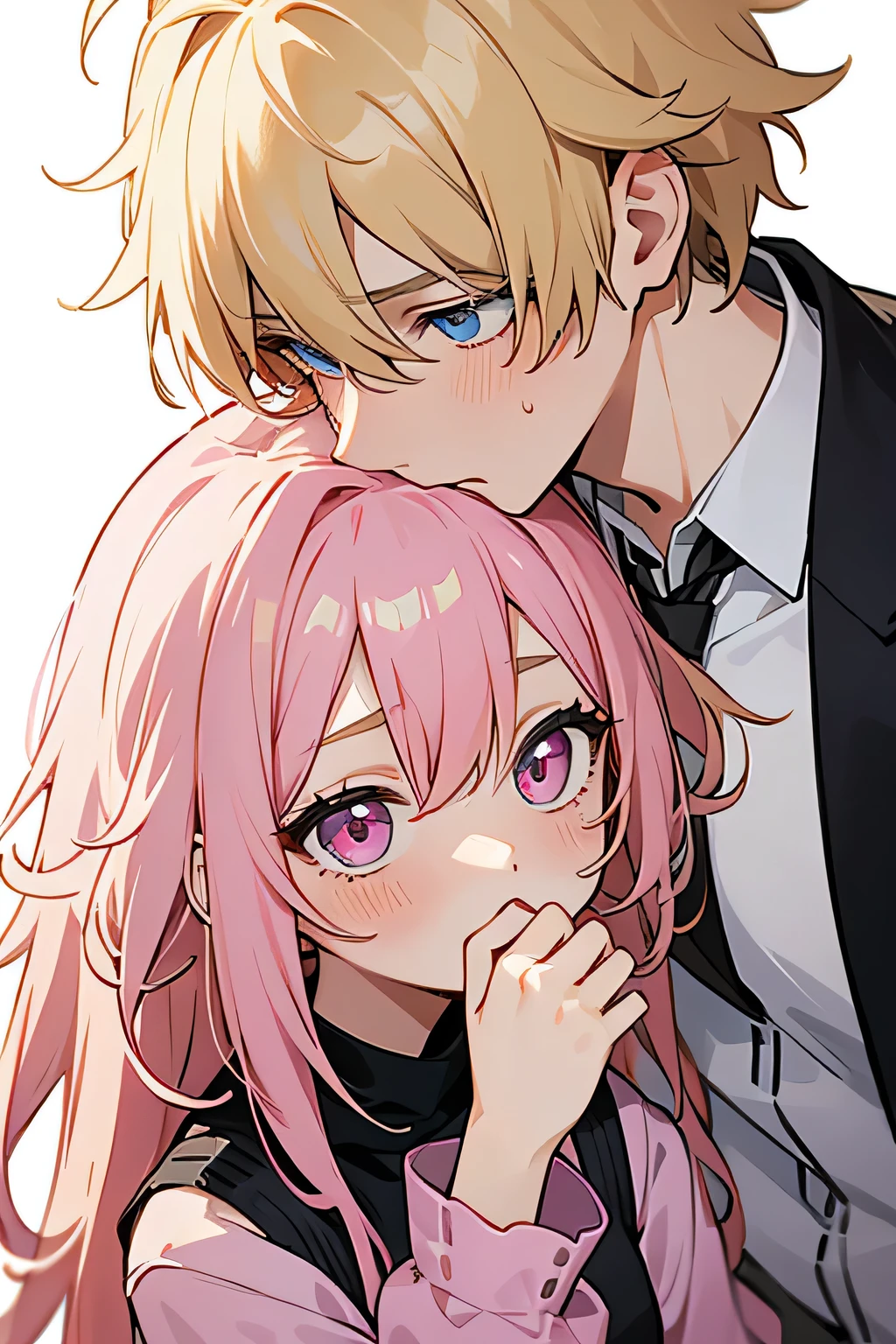 1boy1girl, 2people, blonde hair, blue eyes, messy hair, short hsir, pink hair, pink eyes, long hair, blushing, date