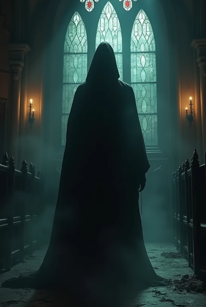 suspicious dark father hidden inside a macabre church