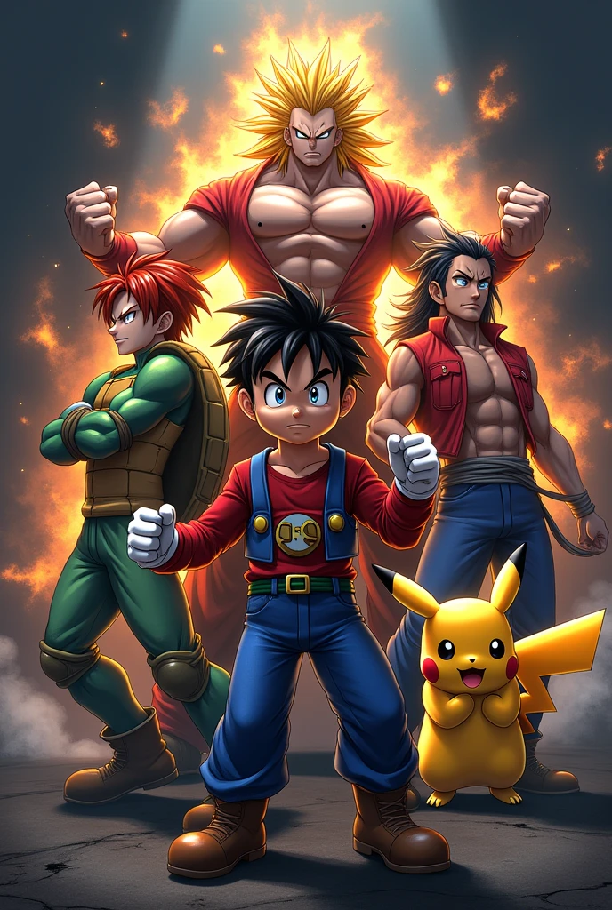 Super Mario, ein Super Sajajin, Raffael from the Ninja Turtles, monkey D.Ruffy, Pikachu in a group photo with a dark background, striking poses