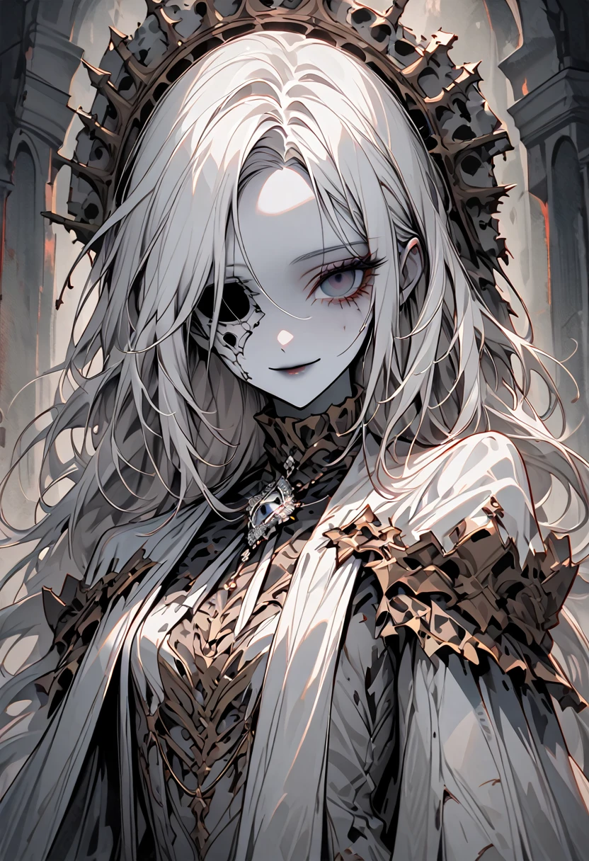 solo, female, grey skin, long white hair, silver brooch, dry body:1.2, empty eye-sockets, eyeless, decaying, gentle smile, face, pinup pose, dressed in royal rags, graceful, close up, crypt, dark
