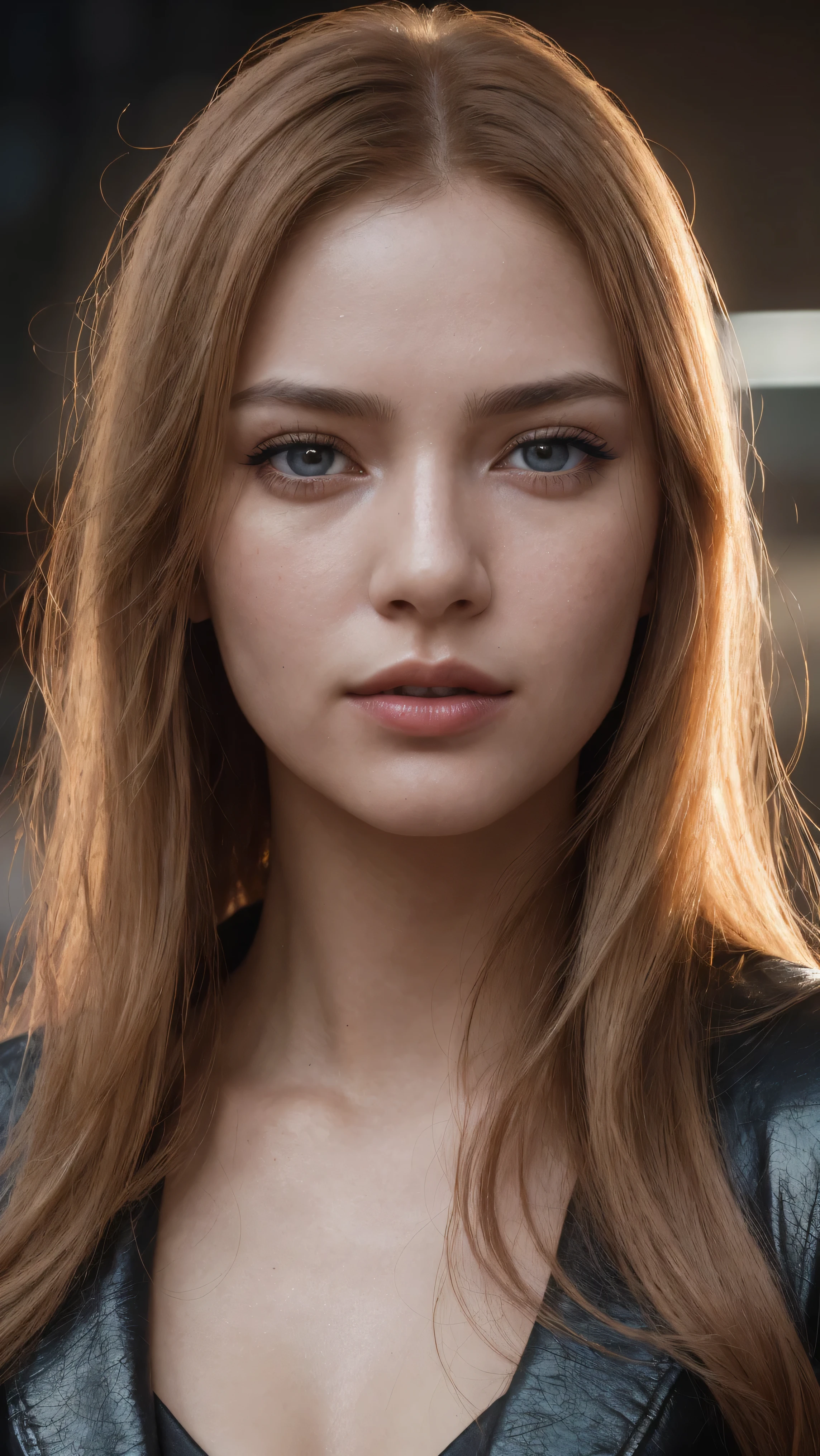 a woman with red hair, hyper-realistic skin, shiny/glossy, modern jewelry, gongbi, portraiture, dark teal and light gold, tropical landscapes, Face portrait photo oF a 21 Year-old German woman, .raw, beautiFul woman, half strawberry lips, strawberry lipstick, Fossettes, big breast, realistic legs, high heels, nostalgic look, detailed light brown eyes, great student, thin eyelashes, (Brown extra long blond hair), ((detailed Face)), ((detailed Facial Features and skin texture)), (Finely detailed skin), light brown skin, (Deep neckline detailing high-tech cyberpunk dress), Cyberpunk big city environment, (cold colors), moist, moist, reFlections, (masterpiece) (height ratio / perfect width) (photo realist) (best quality) (detailed) Shot with Canon EOS R5, ObjectiF 50mm, F/2.8, human development report, (8k) (wallpaper) (light) (Dramatic Light) (sharp focus) (complicated), sharp details, skin detail sharpness,