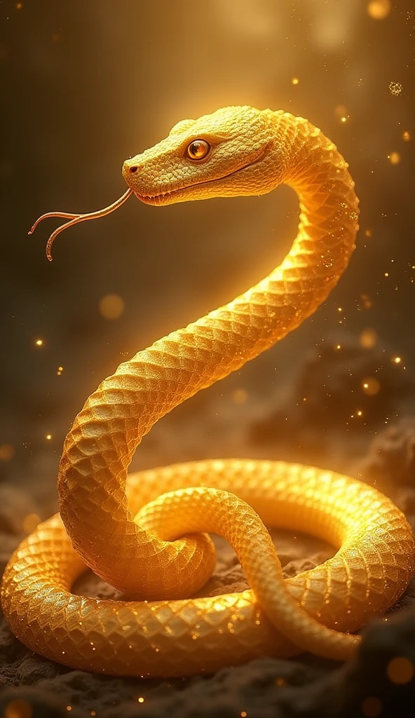 A golden kundalini serpent with golden details and designs on its body, in addition to sacred geometries and mystical symbols of golden roses on its body golden serpent with golden details and designs on the body with a loving look and body snaking and rising 