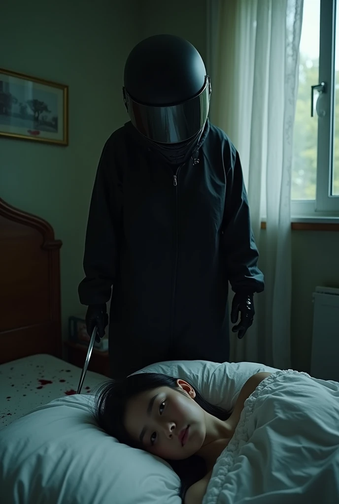korean girl, (behind corpse, black biker helmet), holding knife, stabbing, black gloves, room full of blood, black raincoat, plump girl, bed room, holding knife, black gloves, behind corpse, blood splatter, 20 years old, bed room, black wet suit, night, mass murderer, killer, robbery, dark atmosphere, cinematic lighting, atmospheric realistic, light from the window, close-up,