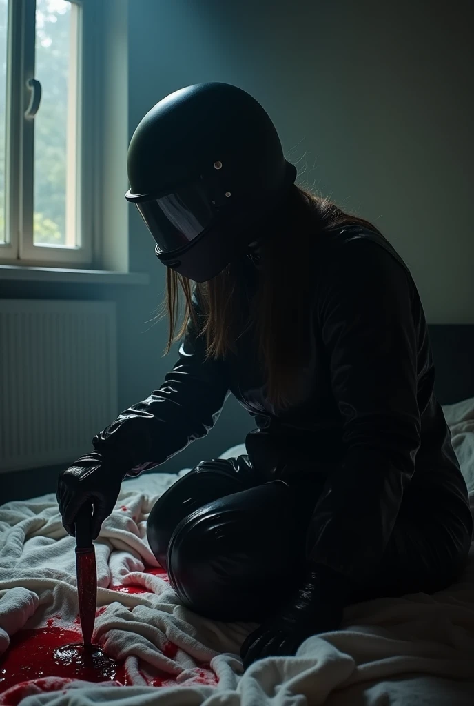 korean girl, (behind corpse, black biker helmet), holding knife, stabbing, black gloves, room full of blood, black raincoat, plump girl, bed room, holding knife, black gloves, behind corpse, blood splatter, 20 years old, bed room, black wet suit, night, mass murderer, killer, robbery, dark atmosphere, cinematic lighting, atmospheric realistic, light from the window, close-up,
