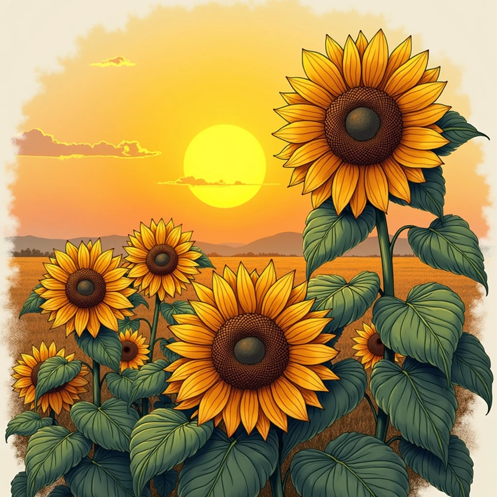 Beautiful sunflower illustration Handwritten style Fantasy under the sun