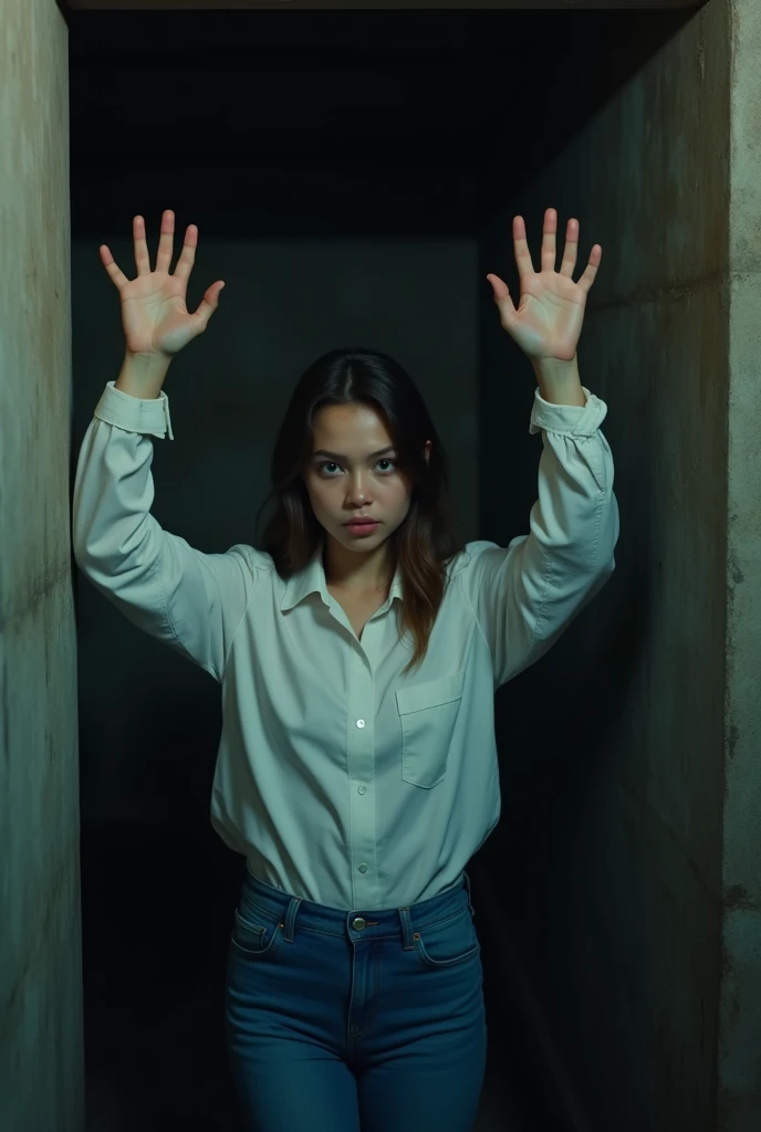 photorealistic, 8k, high quality, cinematic lighting, vibrant colors, detailed textures,one girl, wearing white buttoned long sleeve, blue jeans, hands up, back against a cement wall, very dark basement, scared face, looking at the viewer, hands are raised upward, ((back on a wall)), teen,beautiful face, super model, front view, (( teen taylor joy ))