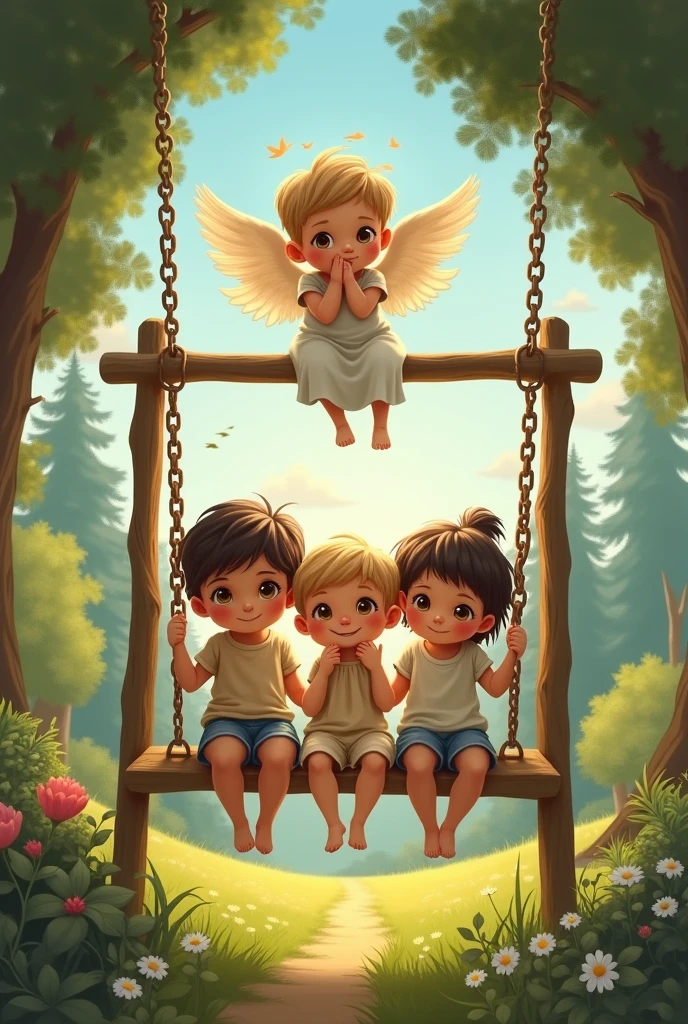 Three children sitting on a swing and a baby angel on top