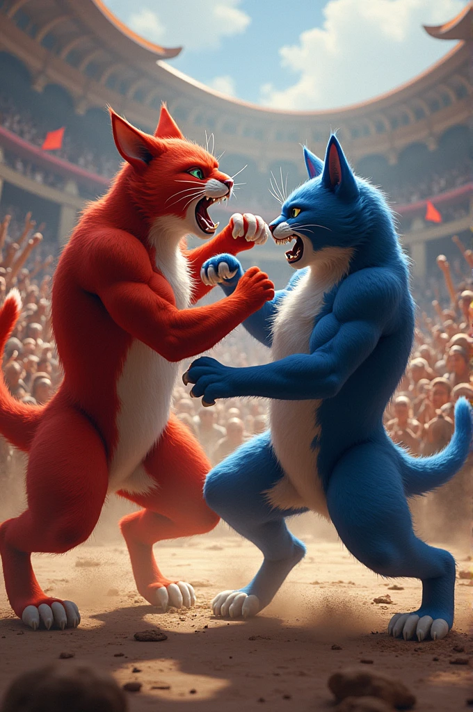 In the second round, Red Cat found his opening. With a powerful counter-attack, he managed to land a solid hit that sent Blue Cat staggering. The crowd roared in awe as Red Cat pressed his advantage, showcasing his brute strength.