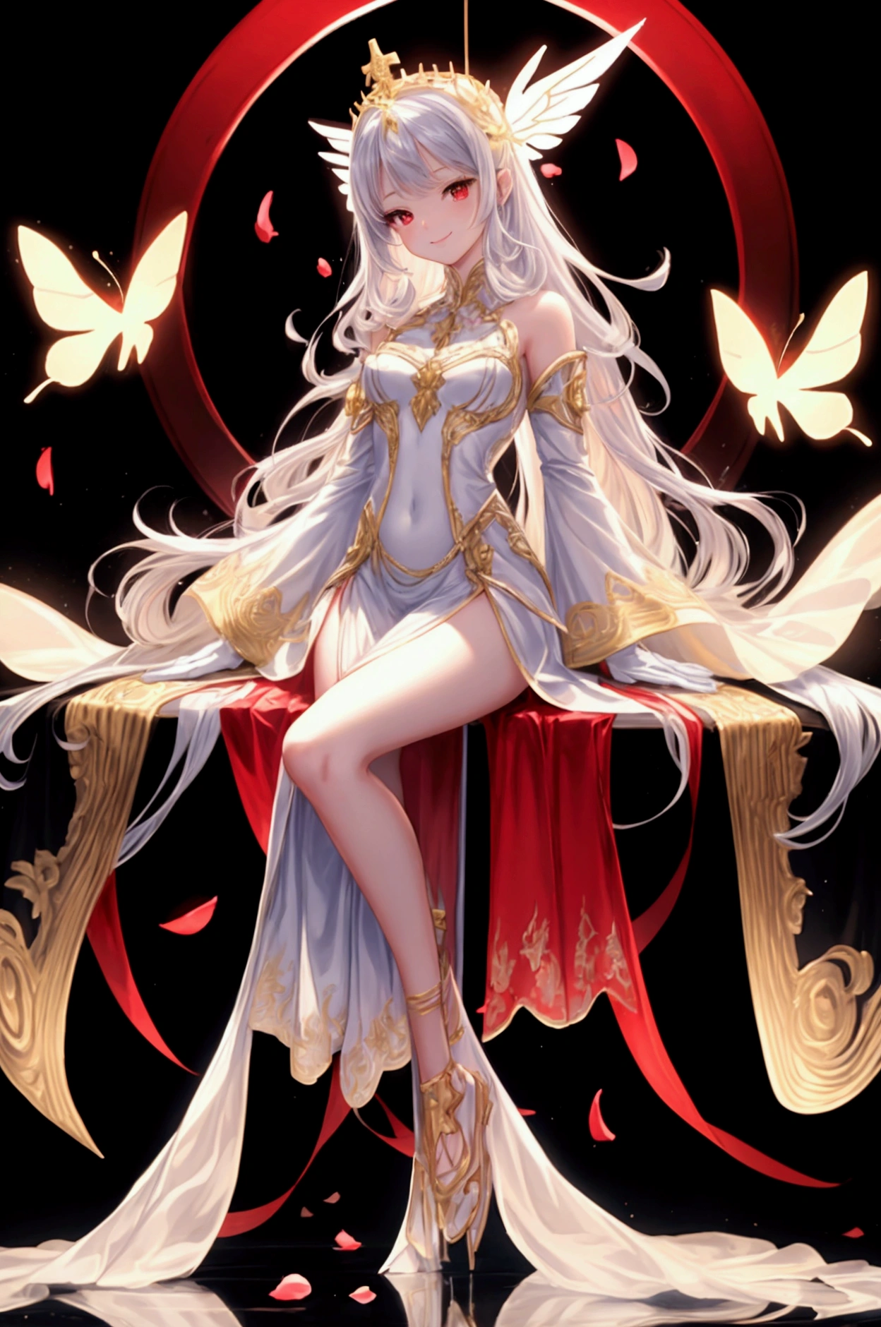 HD,masterpiece, best quality, very detailed, high resolution, expensive resolution, high resolution, 4K, 8k, Unity 8k wallpaper, highly detailed CG, masterpiece, 2D, 3D, beautiful details, depth, fine texture, best quality: 1.3, perfect focus, crispy skin, he, Very cute anime girl,Midnight, red moon, altar isle, falling petals, flying butterflies, ((full body portrait)), 1girl, solo, camilavtuber, silver hair with red hightlights, longcurly hair, red eyes, slim arms, white arm sleeves, white gloves, medium chest, 1devil wing, gold long gown, high slit gown, slim legs, white high heels, close up, innocent pose, Eye-Level Shot, front view, innocent pose, smile, crossed legs