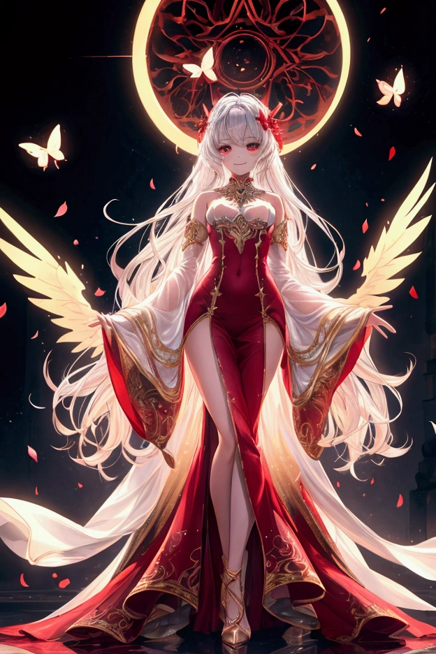 HD,masterpiece, best quality, very detailed, high resolution, expensive resolution, high resolution, 4K, 8k, Unity 8k wallpaper, highly detailed CG, masterpiece, 2D, 3D, beautiful details, depth, fine texture, best quality: 1.3, perfect focus, crispy skin, he, Very cute anime girl,Midnight, red moon, altar isle, falling petals, flying butterflies, ((full body portrait)), 1girl, solo, camilavtuber, silver hair with red hightlights, longcurly hair, red eyes, slim arms, white arm sleeves, white gloves, medium chest, 1devil wing, gold long gown, high slit gown, slim legs, white high heels, close up, innocent pose, Eye-Level Shot, front view, innocent pose, smile, crossed legs